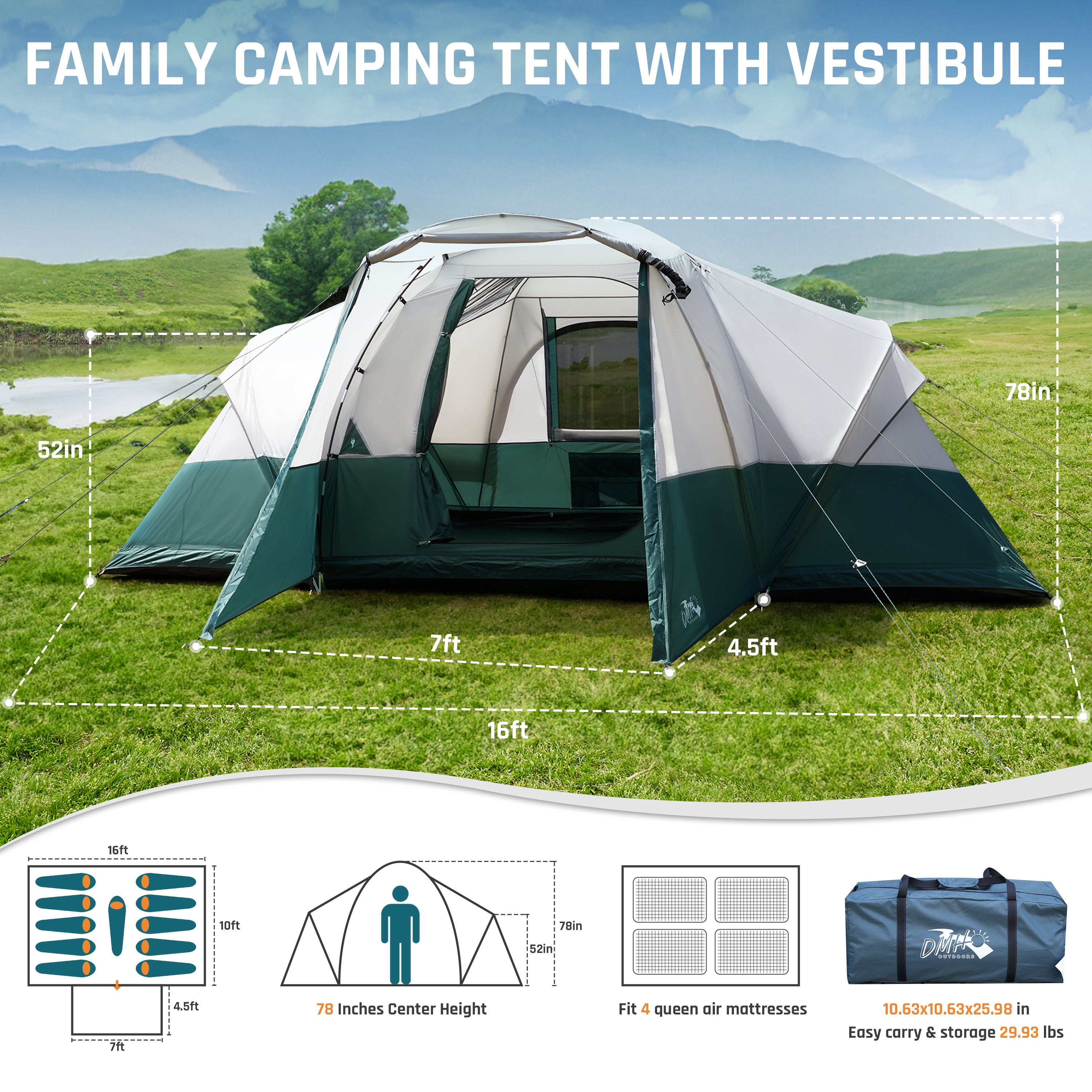 11-Person Spacious & Water-Resistant Camping Tent with Vestibule 